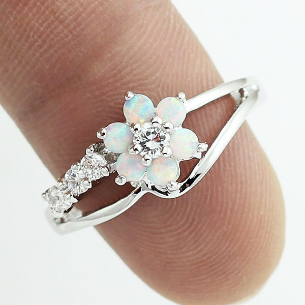 White Fire Flower Opal Ring