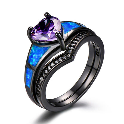 February Dual Set Black Gold Heart Birthstone Ring