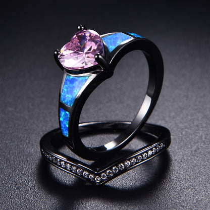 October Dual Set Black Gold Heart Birthstone Ring