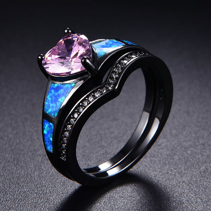 October Dual Set Black Gold Heart Birthstone Ring