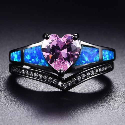 October Dual Set Black Gold Heart Birthstone Ring