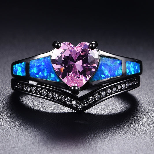 October Dual Set Black Gold Heart Birthstone Ring