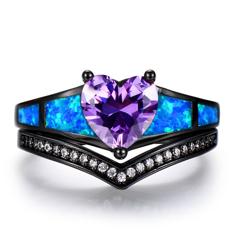 February Dual Set Black Gold Heart Birthstone Ring