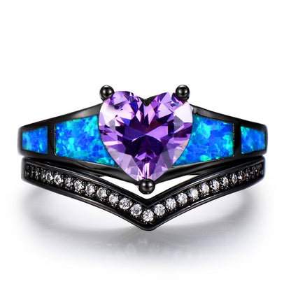 February Dual Set Black Gold Heart Birthstone Ring
