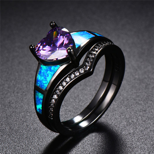 February Dual Set Black Gold Heart Birthstone Ring