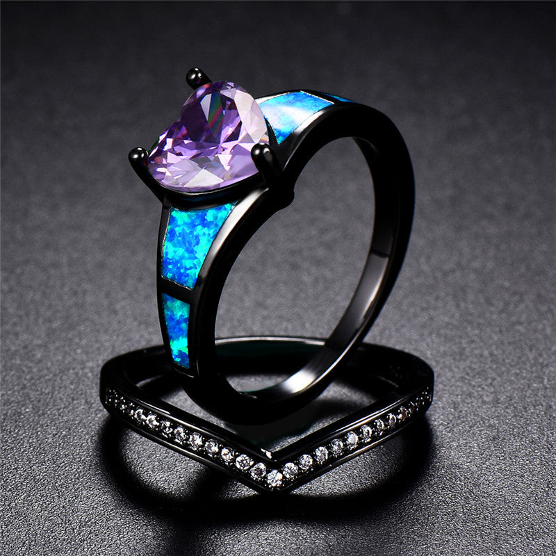 February Dual Set Black Gold Heart Birthstone Ring