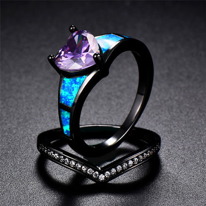 February Dual Set Black Gold Heart Birthstone Ring