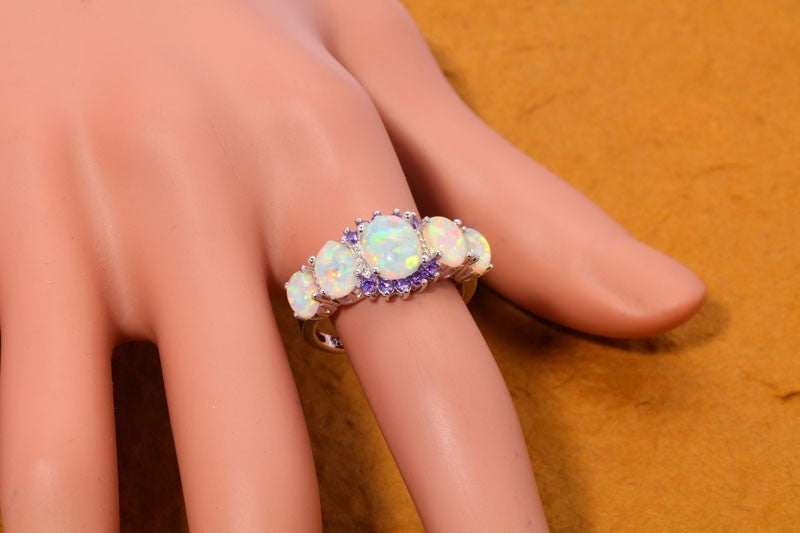 October Birthstone White Fire Opal & Amethyst Ring