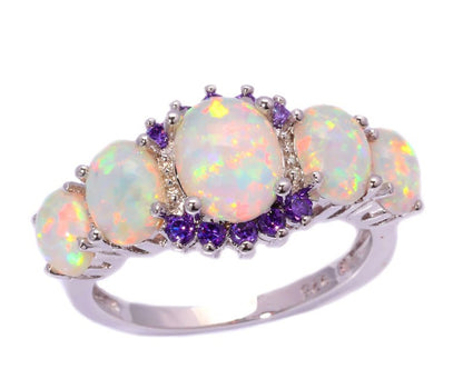 October Birthstone White Fire Opal & Amethyst Ring