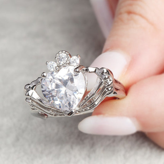 Skeleton Hands Holding Heart Claddagh Ring