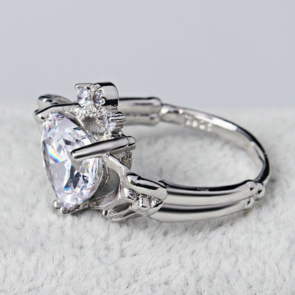 Skeleton Hands Holding Heart Claddagh Ring