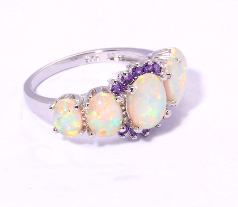 October Birthstone White Fire Opal & Amethyst Ring