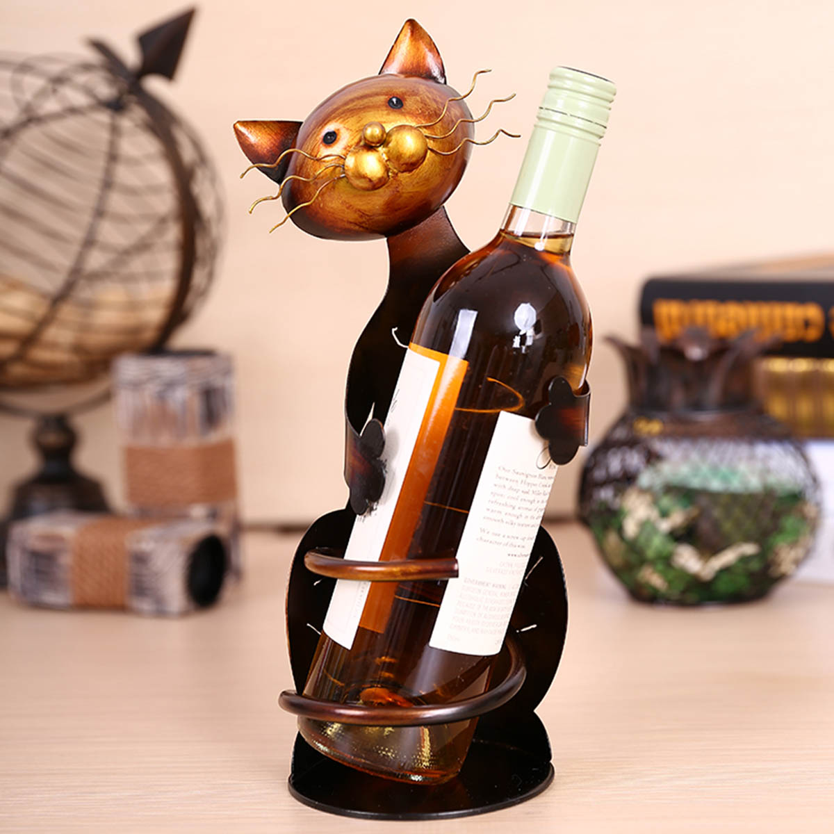 Iron Hugging Cat Wine Holder