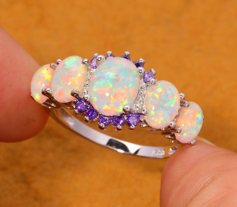 October Birthstone White Fire Opal & Amethyst Ring