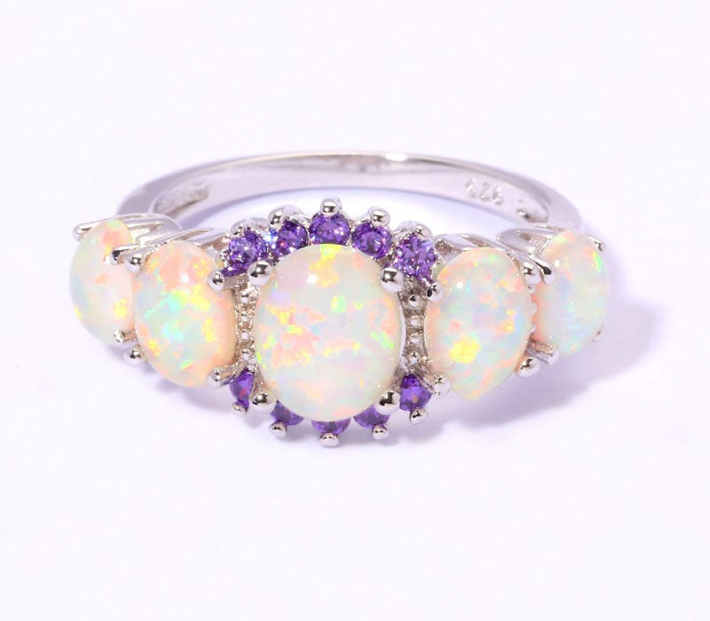 October Birthstone White Fire Opal & Amethyst Ring