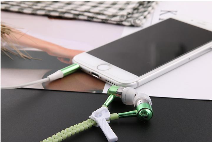Metal Zipper In-ear Earphones Luminous Light Headset Stereo Handsfree With Mic