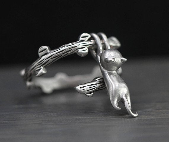 925 Sterling Silver Hanging Cat Ring