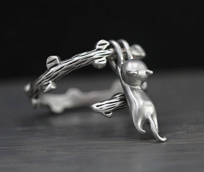 925 Sterling Silver Hanging Cat Ring