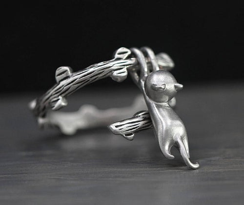 925 Sterling Silver Hanging Cat Ring