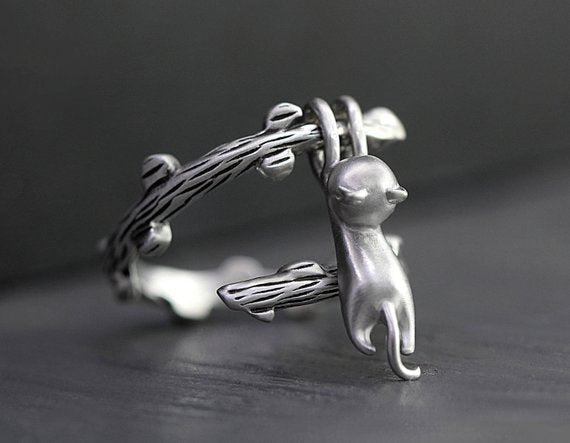925 Sterling Silver Hanging Cat Ring