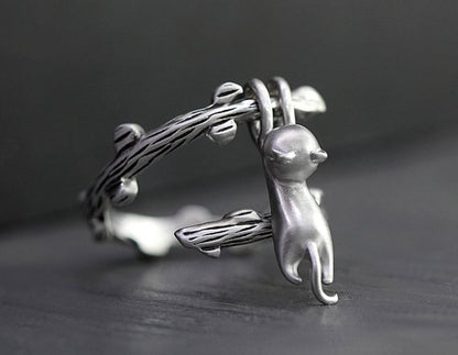 925 Sterling Silver Hanging Cat Ring