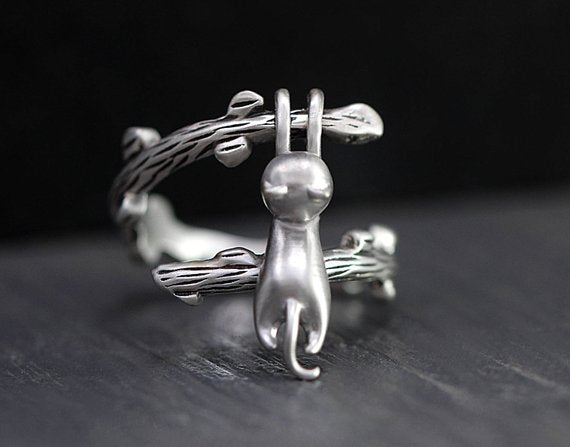 925 Sterling Silver Hanging Cat Ring