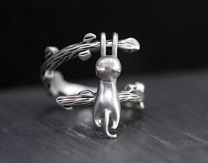 925 Sterling Silver Hanging Cat Ring