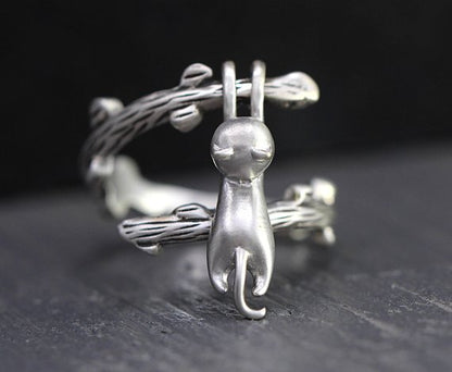 925 Sterling Silver Hanging Cat Ring