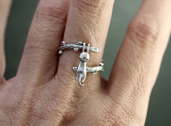 925 Sterling Silver Hanging Cat Ring