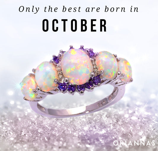October Birthstone White Fire Opal & Amethyst Ring