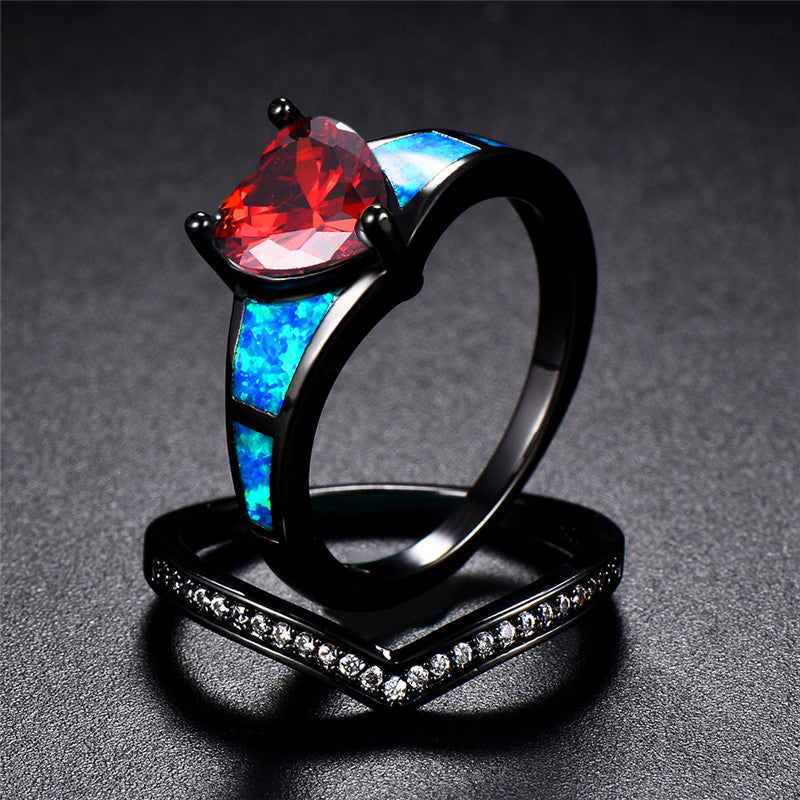 July Dual Set Heart Black Gold Filled Birthstone Ring